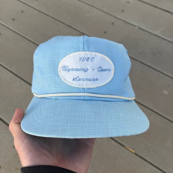 Vintage 1980 Wyoming Cowboys Open Golf Sponsor Light Blue Strapback Hat Cap VTG - Picture 1 of 7
